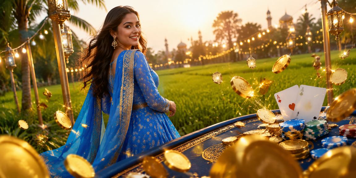 বগুড়ায় সালোয়ার কামিজ পরা একজন বাংলাদেশি নারী পোকার গেম উপভোগ করছেন